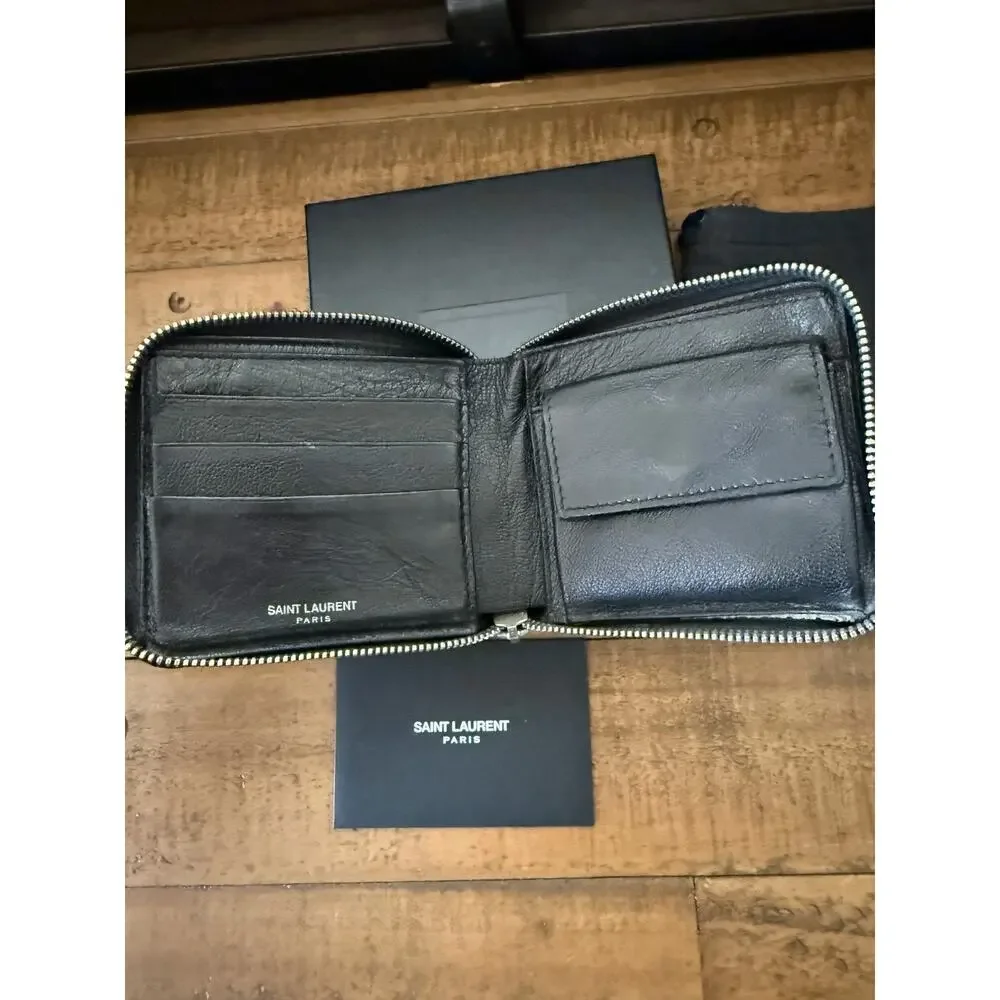 Saint Laurent Wallet Men's Black Leather Zip Around Bifold Coin Pocket W/Box